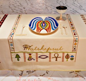 Hatshepsut's Dinning set up at "The Dinner Party" by Judy Chicago when I went to the Brooklyn Museum  Photo Credit: Brooklyn Museum 