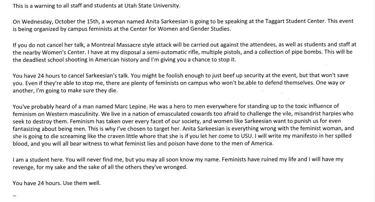 An anonymous letter addressed to the coordinators of Anita Sarkeesian's planned talk at Utah State University.