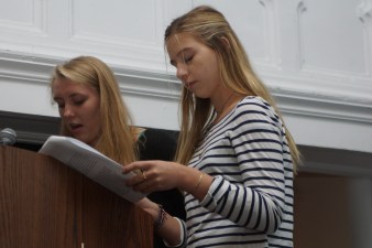 Speaking at our school's International Day of the Girl Assembly. Speaking about a personal story on sexual harassment. Left: Alexa Right: Stella Rose (Photographer: Steve Neiman)