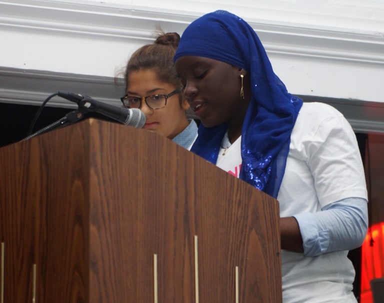 Photo of Amalia Jaimes -Lukes (left) and I (right) presenting at our school's International Day of the Girl assembly. (photo credit: Steve Neiman) 