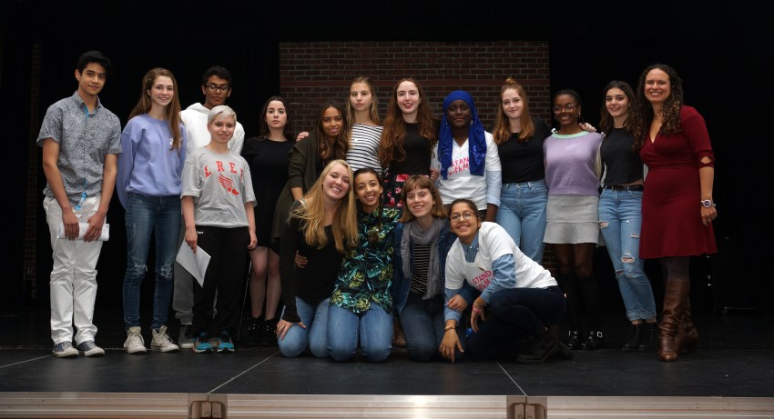 A group picture of our feminism class after our International Day of the Girl assembly. In the top row is (from left) Adrian Pinos, Amelia Pinney, Carson Rice, Henry Gonzalez, Caroline Loeb, Avery Kutis, Stella-Rose Gahan, E Jerimejenko-Conley, Lutfah Subair, Lauren Davidson, Jessica Speight, Nathalie Friedman, and teacher Ileana Jiménez. In the bottom row is (from left) Alexa Code, Sofia Santoro, Julia Noonan, and Amalia Jaimes-Lukes. 
