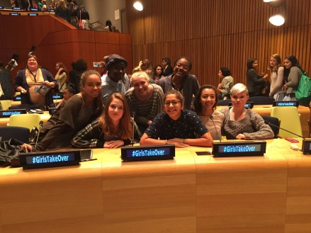 Photo at the International Day of the Girl (Girls Speak Out) Conference at the United Nations. Top (left to right): Avery, Lutfah, Alexa, Jessica Bottom (left to right); Lauren, Amalia, Sofia, Carson. Photographer: Unknown