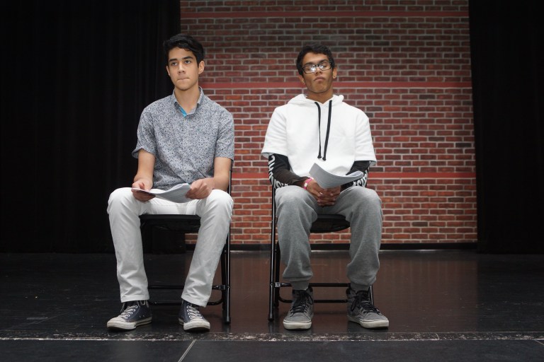 My classmate Henry and I performed a piece about toxic masculinity for our feminism class assembly on International Day of the Girl (photo credit: Steve Neiman). 